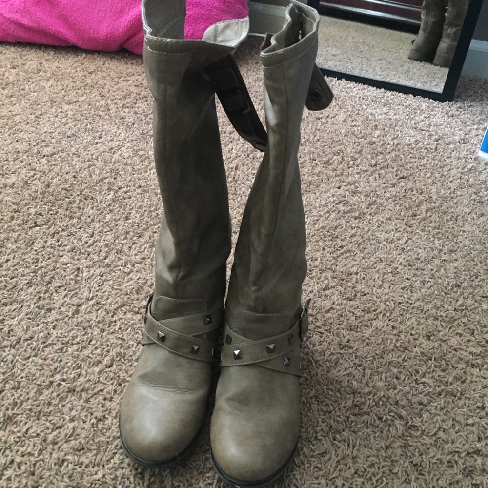 studded brownish-grey boots